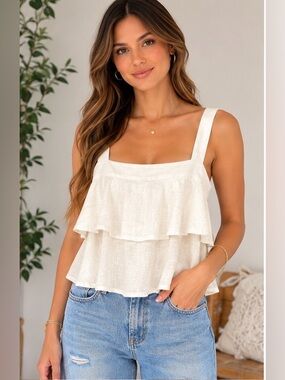 Abound White Linen Blend Tiered Ruffle Tank Top Size Small NWT